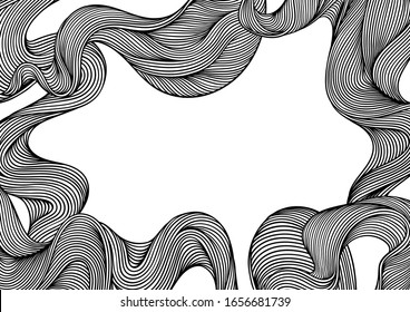 Background with wave line curls. Monochrome stripes black and white texture. Wavy abstract fur or hair.