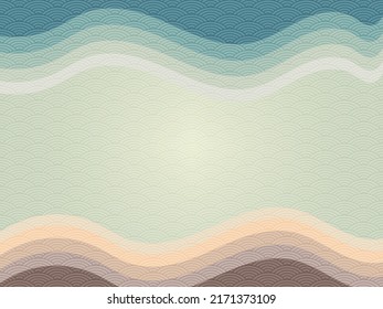 Background of waves of blue, green, and brown shades with a pattern of Japanese ocean waves in vintage style. Abstract wallpaper for prints, decor, wall art, and canvas prints.