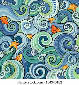 Background with waves, fish, shells and starfish