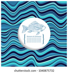 Background with waves and fish. Template greeting card or invitation. 