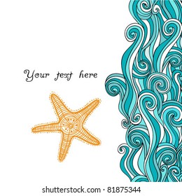 Background waves and starfish, maritime pattern. Ocean texture.