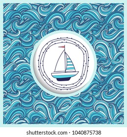 Background with waves and yacht. Template greeting card or invitation. Freehand drawing