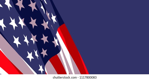 Background with waving american flag on dark blue background.Vector template for USA patriotic holidays celebration Independence Day, Patriot Day, Veterans Day, President Day.