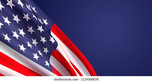 Background with waving realistic american flag on dark blue background.Vector template for USA patriotic holidays celebration Independence Day, Patriot Day, Veterans Day, President Day.