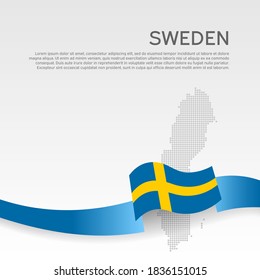 Fondo con bandera ondulada y mapa de mosaicos de suecia. Bandera de Suecia con cinta ondulada. Diseño de afiches nacionales. Folleto de negocios. Cartel patriótico sueco del estado, volante. Ilustración del vector