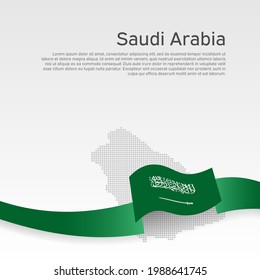Background with wavy flag and mosaic map of saudi arabia. Saudi Arabia flag with wavy ribbon on white. National poster design. Business booklet. State patriotic banner, flyer. Vector illustration