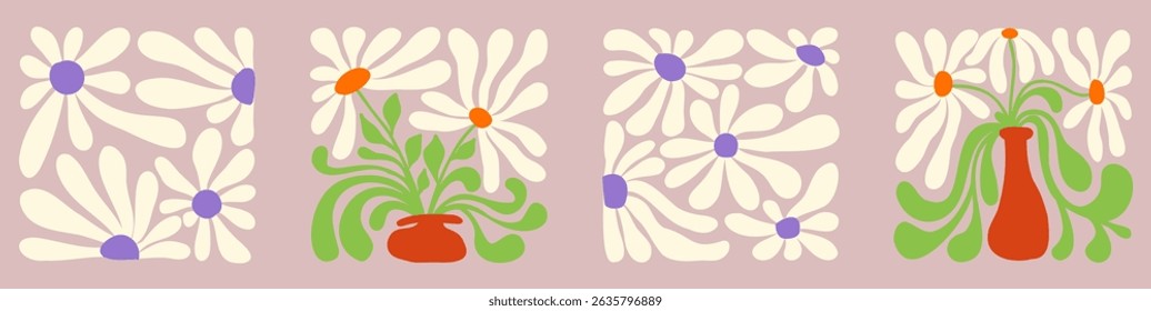 Background with wavy lines and floral motifs, inspired by the 1970s design trends.
