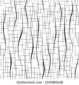Background with wavy lines, hatch stripes. Monochrome geometric abstract design. Seamless pattern. Background with twist line. Black white backdrop. Repeating hand drawn tile. Modern stylish texture