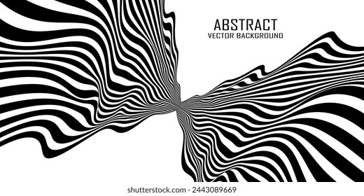 Fondo con líneas onduladas. Fondos de dos tonos retorcidos. Patrón abstracto de líneas, efecto de semitonos. Textura en blanco y negro. Plantilla de diseño minimalista para póster, banner, portada, postal.