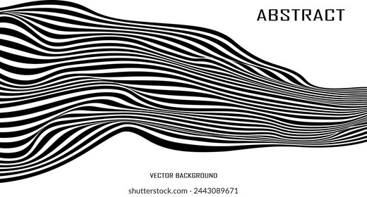 Background with wavy lines. Twisted duo tone backgrounds. Abstract pattern from lines, halftone effect. Black and white texture. Minimalist design template for poster, banner, cover, postcard.