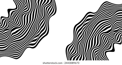 Background with wavy lines. Twisted duo tone backgrounds. Abstract pattern from lines, halftone effect. Black and white texture. Minimalist design template for poster, banner, cover, postcard.