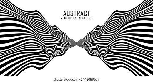 Background with wavy lines. Twisted duo tone backgrounds. Abstract pattern from lines, halftone effect. Black and white texture. Minimalist design template for poster, banner, cover, postcard.