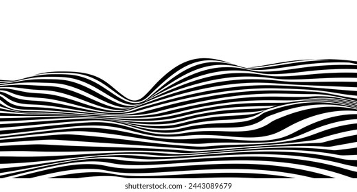 Background with wavy lines. Twisted duo tone backgrounds. Abstract pattern from lines, halftone effect. Black and white texture. Minimalist design template for poster, banner, cover, postcard.