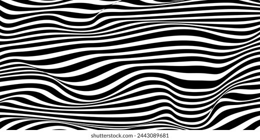 Background with wavy lines. Twisted duo tone backgrounds. Abstract pattern from lines, halftone effect. Black and white texture. Minimalist design template for poster, banner, cover, postcard.