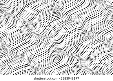 Background with wavy square dots. Twisted duo tone backgrounds. Abstract pattern from lines, halftone effect. Black and white texture. Minimalist design template for poster, banner, cover, postcard.