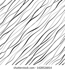 Background with wavy stripes. Monochrome geometric abstract design. Seamless pattern. Black and white background. Modern stylish texture. Backdrop with twisted elements. Endless simple linear waves