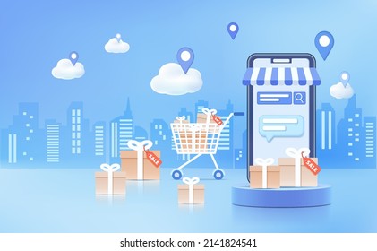 Antecedentes de sitio web o aplicación móvil. Compras en línea con smartphone 3d con fondo azul