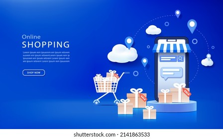 Background for website or mobile app. Online shopping with 3d smartphone on blue background