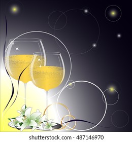   Background for a wedding card, a ring and champagne. Vector illustration.