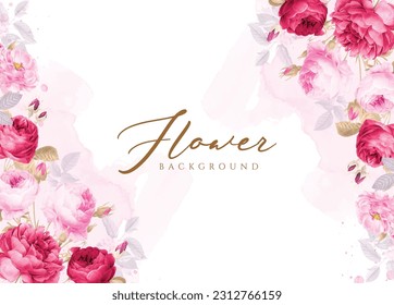 A Background wedding invitation card template with red pink flowers and leaves decoration