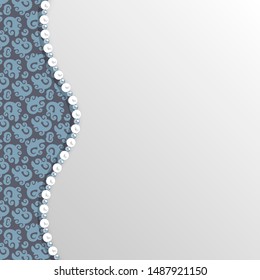 Background for wedding invitation or greeting card with black lace pattern and pearl border. Vector template.