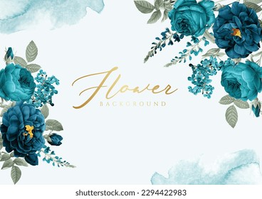 Background wedding invitation template set with romantic teal navy floral and leaves decoration