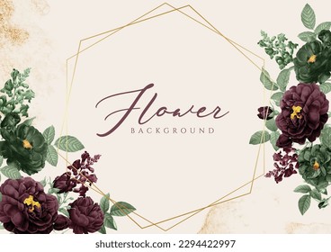 Background wedding invitation template set with romantic green burgundy floral and leaves decoration