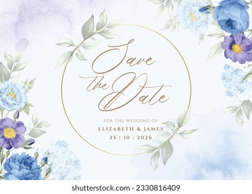 background wedding invitation template set with romantic blue purple floral and leaves decoration