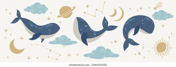 Fondo de ballenas con estrellas, sol, luna, planetas y nubes. Pancarta dibujada a mano para el diseño de vivero de papel pintado, decoración, impresión, diseño interior