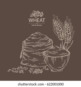 Background with wheat: bag and plate with flour, grain and spica. hand drawn