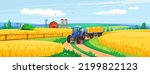Background of a wheat field with a tractor, harvester, silos and a barn. Crop harvest season on a farm. Eco food industry and agriculture. Cartoon style vector illustration.