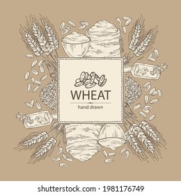 Background with wheat: plate and bag with wheat flour and wheat grain. Vector hand drawn illustration.
