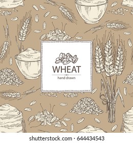 Fondo con trigo: plato y bolsa con harina y grano. Vector dibujado a mano ilustración