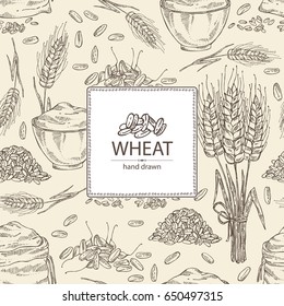Background with wheat: plate and bag with flour and grain. Vector hand drawn illustration.