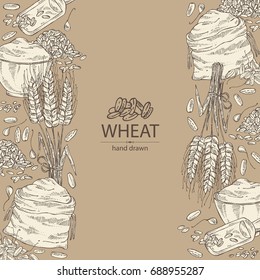 Background with wheat: plate and bag with wheat flour and wheat grain. Vector hand drawn illustration