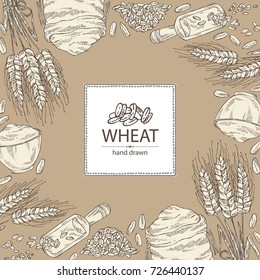 Background with wheat: plate and bag with wheat flour and wheat grain. Vector hand drawn illustration