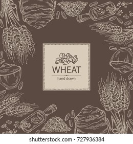 Background with wheat: plate and bag with wheat flour and wheat grain. Vector hand drawn illustration