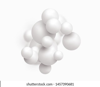 Background with white balls, blur effect. 3d round spheres. Geometric design elements circle ball pattern. Flying shapes in empty space. Design for poster, banner, placard. vector illustration