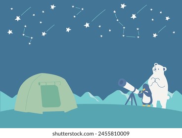 Background of white bear and penguin observing celestial bodies