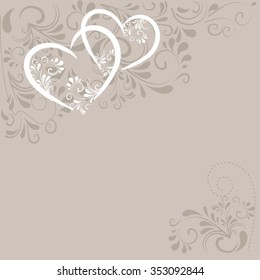 Background with white and beige swirled floral ornaments and hearts