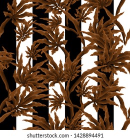 a background with white and black lines with brown tropical leaf bushes