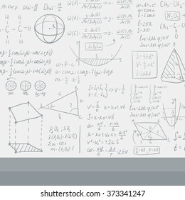 Background of white blackboard with mathematical equations.