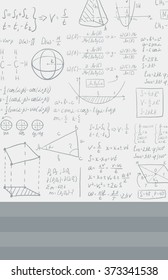 Background of white blackboard with mathematical equations.