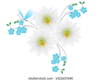 Background with a white and blue flowers and a butterfly.