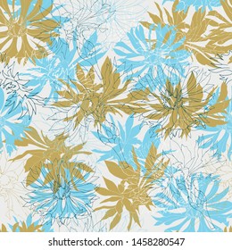 Background of white and blue orange flowers on a gray background. Seamless floral texture for fabrics, tiles, wallpapers.