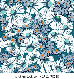 Background with white chamomile flower and small wildflowers in pastel colored. Vector floral seamless pattern.