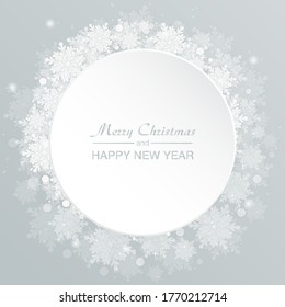 Background white circle for Christmas and New Year - wreath made of shining snow flakes. Celebration circle frame decoration with snowflakes. Greeting festive Invitation - banner, poster, card.