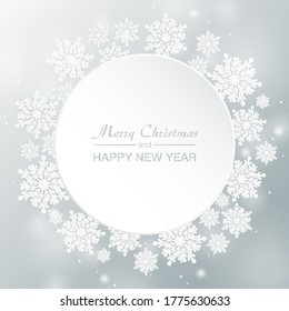 Background white circle for Christmas and New Year - wreath made of shining snow flakes. Celebration circle frame decoration with snowflakes. Greeting festive Invitation - banner, poster, card.
