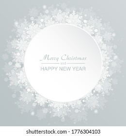Background white circle for Christmas and New Year - wreath made of shining snow flakes. Celebration circle frame decoration with snowflakes. Greeting festive Invitation - banner, poster, card.