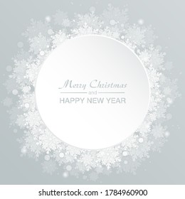 Antecedentes de círculo blanco para Navidad y Año Nuevo - corona de flores de nieve brillantes. Decoración de marco de círculo de celebración con copos de nieve. Invitación festiva de bienvenida - banner, afiche, tarjeta.